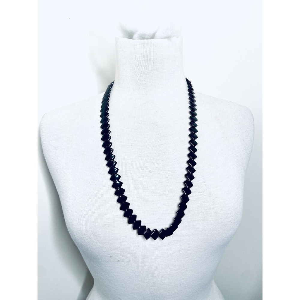 VTG Trifari Gold Tone Toggle Black Lucite Beaded 28" Strand Necklace Signed 80s